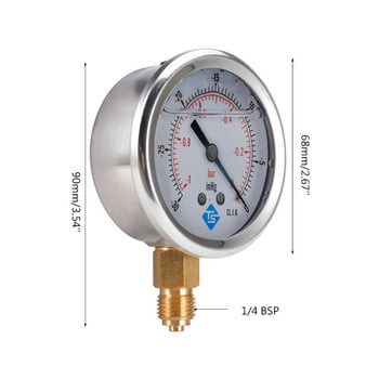 1/4 BSPT дънен манометър за вакуум с пълнеж от глицерин 68 mm -1/+10 бара и -30-150 inhg/psi манометър с метална обвивка