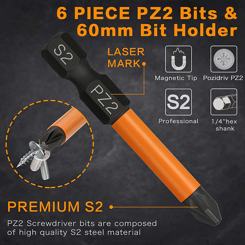 Set de șurubelnițe Pozidriv Phillips 6 buc, set de șurubelnițe PZ2 cu șurubelniță cu șurubelniță de 1/4 inch cu tijă hexagonală de 1/4 inch 30 mm 50 mm