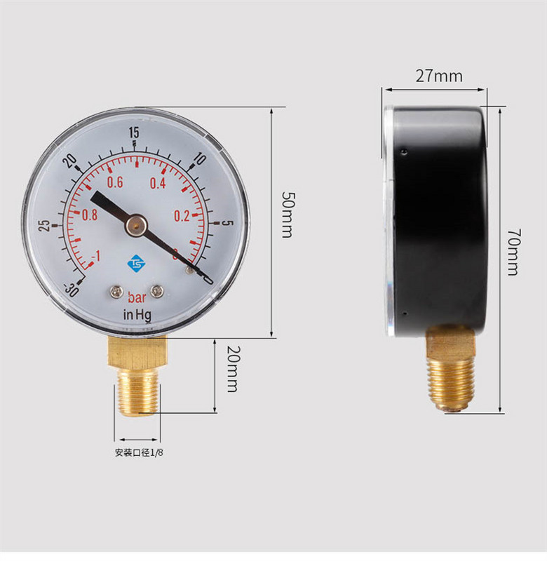 0～-30inHg 0～-1bar 50mm Átmérő 1/4 1/8 BSPT Vákuumnyomásmérő Levegőnyomásmérő Olajnyomásmérő