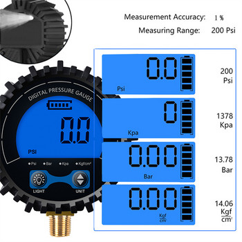 Ψηφιακός φωτισμός LED υψηλής ακρίβειας 0-200 PSI Ψηφιακός μετρητής πίεσης αέρα ελαστικού ελαστικού Μανόμετρο LCD Οθόνη μετρητή πίεσης με οπίσθιο φωτισμό