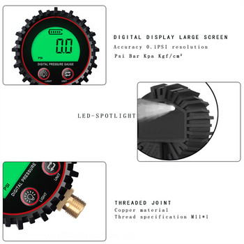 3-255PSI Цифров манометър за гуми за гуми LCD манометър Манометър LCD дисплей LED подсветка за автомобил камион мотоциклет