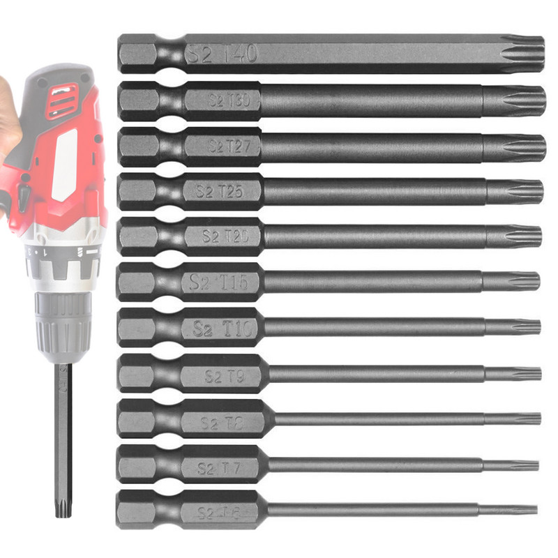 11 gab Torx uzgaļu komplekts Skrūvgrieža urbjmašīna Hex Torx magnētiskā pretdarbībā izturīga zvaigžņu uzgaļi T6-T40 skrūvgriežu uzgriežņu uzgaļu komplekts
