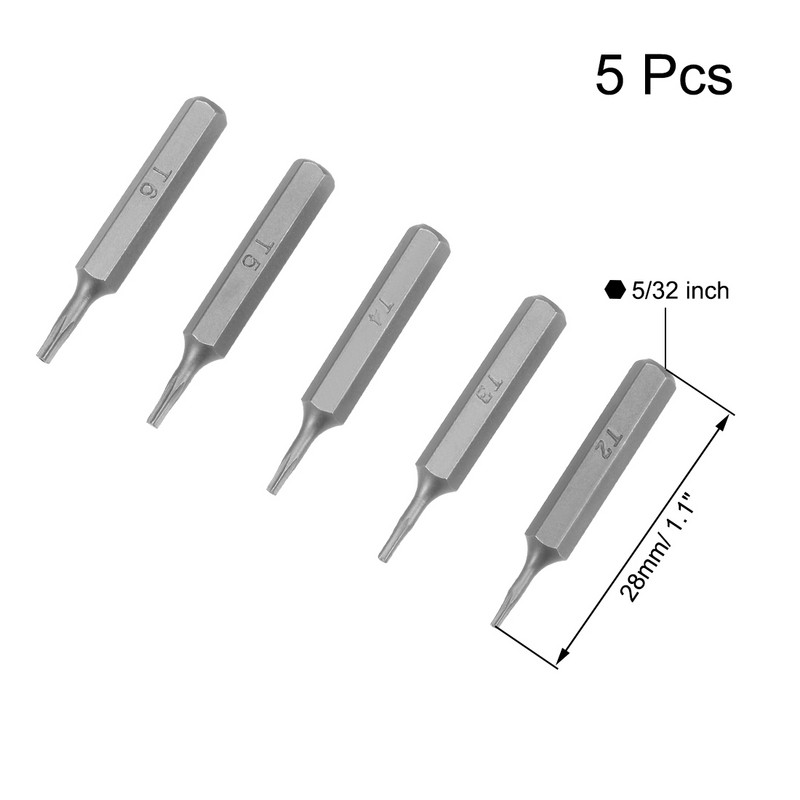 Uxcell 5gab Torx uzgaļu komplekts 5/32 collu sešstūra kāts T2 T3 T4 T5 T6 skrūvgriežu uzgaļu komplekts 28mm garums S2 skrūvgriežu komplekts instrumenti