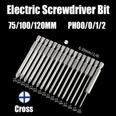 75/100/120 mm elektriskā skrūvgrieža uzgalis PH00/0/1/2 krusteniskā magnētiskā porcijas galva 1/4 collas sešstūra kāta elektriskā skrūvgrieža triecienurbis