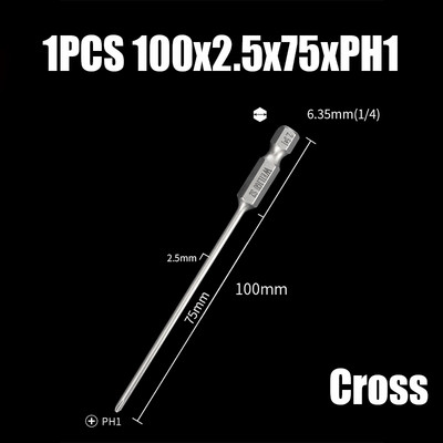 Bit de șurubelniță electrică de 75/100/120mm PH00/0/1/2 Cap de loturi magnetice încrucișate 1/4" cu tijă hexagonală Burghie de șurubelniță electrică cu impact