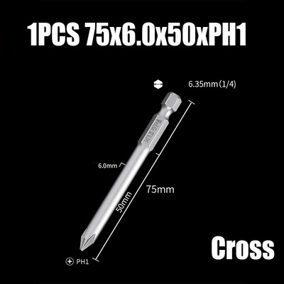 Bit de șurubelniță electrică de 75/100/120mm PH00/0/1/2 Cap de loturi magnetice încrucișate 1/4" cu tijă hexagonală Burghie de șurubelniță electrică cu impact