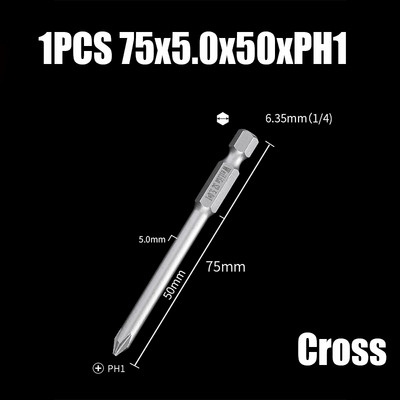 Bit de șurubelniță electrică de 75/100/120mm PH00/0/1/2 Cap de loturi magnetice încrucișate 1/4" cu tijă hexagonală Burghie de șurubelniță electrică cu impact