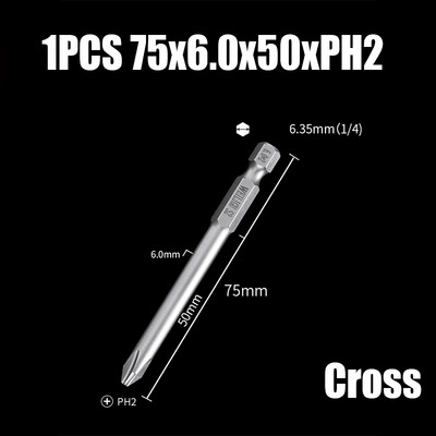 Bit de șurubelniță electrică de 75/100/120mm PH00/0/1/2 Cap de loturi magnetice încrucișate 1/4" cu tijă hexagonală Burghie de șurubelniță electrică cu impact