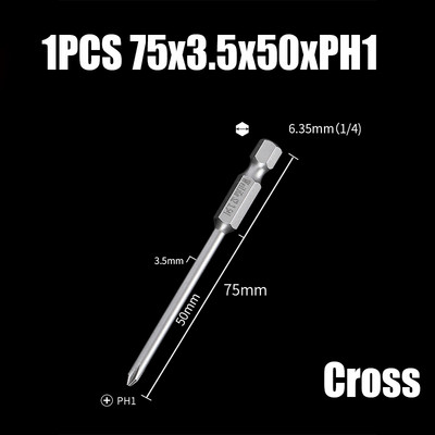 Bit de șurubelniță electrică de 75/100/120mm PH00/0/1/2 Cap de loturi magnetice încrucișate 1/4" cu tijă hexagonală Burghie de șurubelniță electrică cu impact
