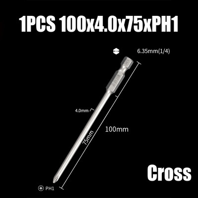 Bit de șurubelniță electrică de 75/100/120mm PH00/0/1/2 Cap de loturi magnetice încrucișate 1/4" cu tijă hexagonală Burghie de șurubelniță electrică cu impact