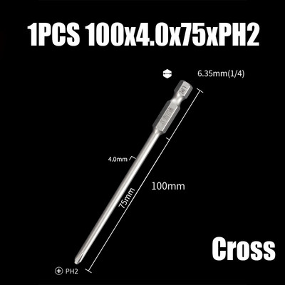 Bit de șurubelniță electrică de 75/100/120mm PH00/0/1/2 Cap de loturi magnetice încrucișate 1/4" cu tijă hexagonală Burghie de șurubelniță electrică cu impact