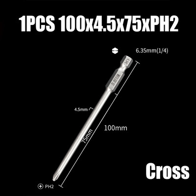 Bit de șurubelniță electrică de 75/100/120mm PH00/0/1/2 Cap de loturi magnetice încrucișate 1/4" cu tijă hexagonală Burghie de șurubelniță electrică cu impact