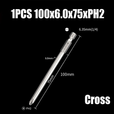 Bit de șurubelniță electrică de 75/100/120mm PH00/0/1/2 Cap de loturi magnetice încrucișate 1/4" cu tijă hexagonală Burghie de șurubelniță electrică cu impact