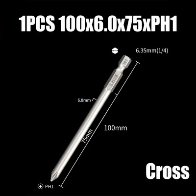 Bit de șurubelniță electrică de 75/100/120mm PH00/0/1/2 Cap de loturi magnetice încrucișate 1/4" cu tijă hexagonală Burghie de șurubelniță electrică cu impact
