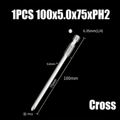 Bit de șurubelniță electrică de 75/100/120mm PH00/0/1/2 Cap de loturi magnetice încrucișate 1/4" cu tijă hexagonală Burghie de șurubelniță electrică cu impact