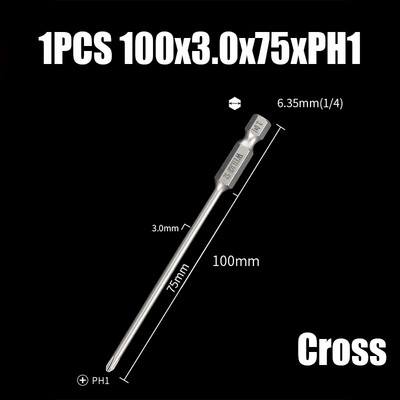 Bit de șurubelniță electrică de 75/100/120mm PH00/0/1/2 Cap de loturi magnetice încrucișate 1/4" cu tijă hexagonală Burghie de șurubelniță electrică cu impact