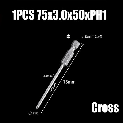 Bit de șurubelniță electrică de 75/100/120mm PH00/0/1/2 Cap de loturi magnetice încrucișate 1/4" cu tijă hexagonală Burghie de șurubelniță electrică cu impact