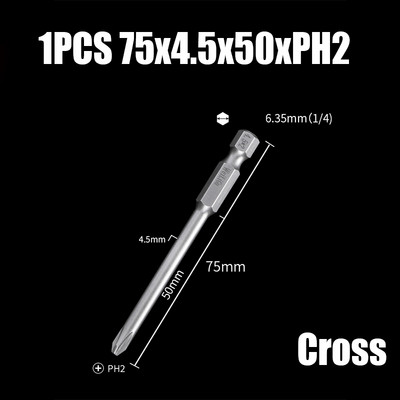 Bit de șurubelniță electrică de 75/100/120mm PH00/0/1/2 Cap de loturi magnetice încrucișate 1/4" cu tijă hexagonală Burghie de șurubelniță electrică cu impact
