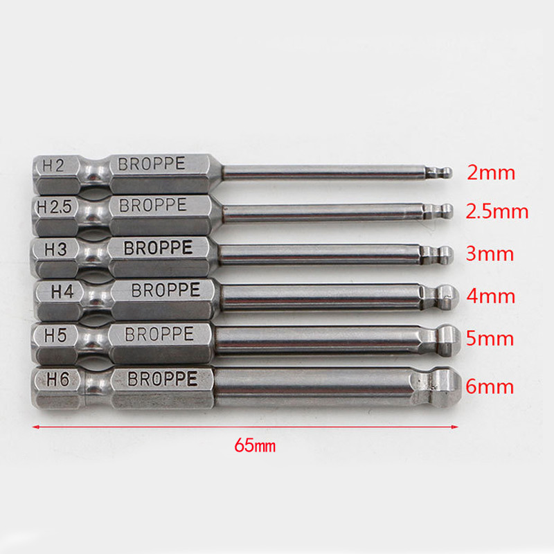 6 tk/komplekt 1/4" 65mm H2-H6 kuulpeaga kuuskantkruvikeeraja S2 magnetiline elektriline puur Kuusnurkne kruvikeeraja peaga elektriline kruvikeeraja tööriist
