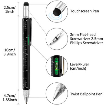 Στυλό κατσαβιδιού 6 σε 1 Multitool Tech Tool με Χάρακα, Levelgauge, Στυλό και Ανταλλακτικά στυλό, Δώρα με στυλό για άνδρες, Cool Gadget