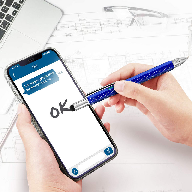 6 în-1 Multitool Tech Tool Pix șurubelniță cu riglă, indicator de nivel, pix și rezerve pentru stilou, cadouri stilou pentru bărbați, gadget cool