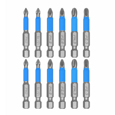 6/12 gab Skrūvgriežu uzgaļu komplekts 50mm PH2 Pretslīdēšana ar magnētisku 1/4" sešstūra kātu, kas piemērots rokas elektriskās urbjmašīnas rokas piederumiem