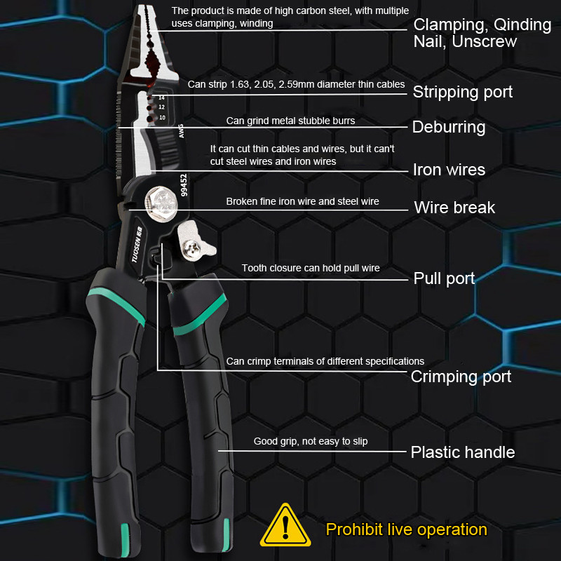 9 viename rankinio įrankio užspaudimo įrankis Aštrios nosies lupimo replės Elektrikas Specialus įrankis Daugiafunkcis vielos nuėmiklis pjovimo replės