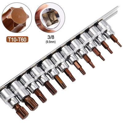 11 bucăți de șurubelnițe Torx 3/8 1/4 inch mufă de antrenare crom-vanadiu oțel cu clichet cheie adaptor manșon presat