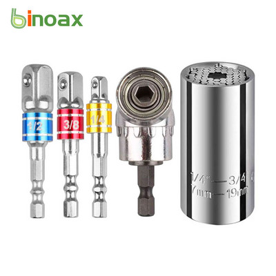 Binoax univerzális dugós csavarkulcs szerszámkészlet és 3 db ütési fokozatú meghajtó aljzat adapter hosszabbító 105 fokos derékszögű csavarhúzó