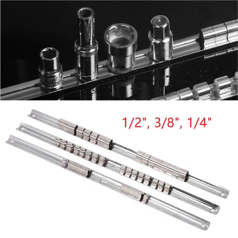 Rozsdamentes acél foglalattartó állványtartó 1/4 3/8 1/2 hüvelykes 16 kapcsos sínes szerszámrendező Tárolás otthoni ipari garázshoz
