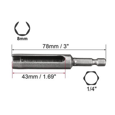 1 τεμ. 80mm Οδηγός παξιμαδιού 1/4 ιντσών Εξαγωνικό στέλεχος με σχισμή τρυπάνι κλειδιού κλειδί με σχισμή Οδηγός επέκτασης 8/10/12/14/17/19mm