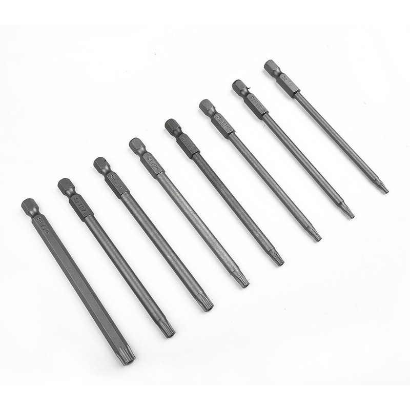 1 bucăți de șurubelniță Torx magnetică hexagonală de 1/4 ", 100 mm T8/T10/T15/T20/T25/T27/T30/T40 S2, din oțel aliat, biți de șurubelniță electrică