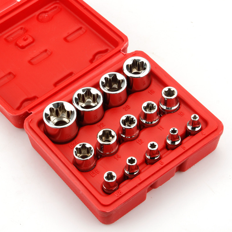 Crv anyaga 14db/készlet E Torx Star csatlakozóaljzat készlet 1/2" 3/8" 1/4" meghajtó E4 - E24 javítószerszám kéziszerszám