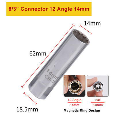 Süüteküünla pesa mutrivõti magnetiline 12-punktiline universaalliigend õhukese seinaga 3/8'' ajami pesa 14/16 mm automaatne tööriist remondiks ja eemaldamiseks