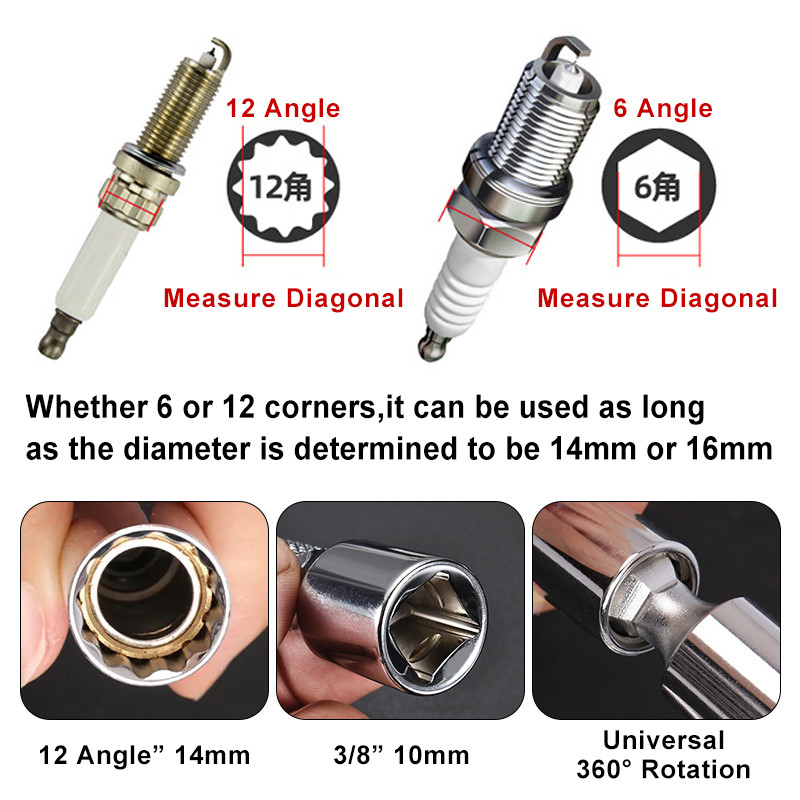 Süüteküünla pesa mutrivõti magnetiline 12-punktiline universaalliigend õhukese seinaga 3/8'' ajami pesa 14/16 mm automaatne tööriist remondiks ja eemaldamiseks