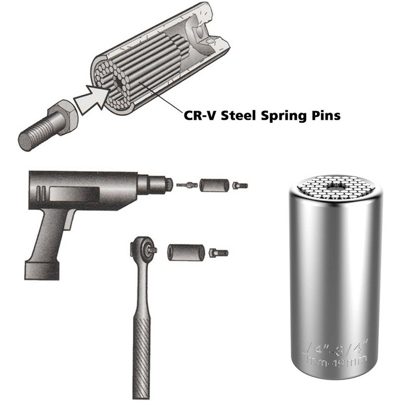 Universāla aparatūras griezes momenta uzgriežņu atslēgas galvas komplekta ligzdas uzmava uzgriežņu atslēgā 7–19 mm uzgriežņu atslēga Key Magic Grip portatīvie vairāku rokas instrumenti 2019
