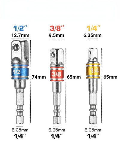 3 buc Adaptor priză pentru găurit cu impact Prelungire burghie Adaptor priză bară 1/4 3/8 1/2 Dimensiune Burghie cu cap pătrat cu tijă hexagonală