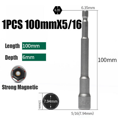 1/4-7/16 65mm Manșon pentru priză hexagonală de impact Imperial 65mm Șurubelniță cu piuliță magnetică Adaptor tijă hexagonală Kit de priză pentru piuliță electrică