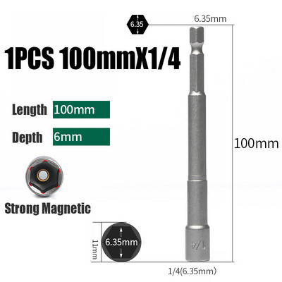 1/4-7/16 65mm Manșon pentru priză hexagonală de impact Imperial 65mm Șurubelniță cu piuliță magnetică Adaptor tijă hexagonală Kit de priză pentru piuliță electrică