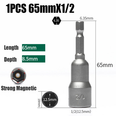 1/4-7/16 65mm Manșon pentru priză hexagonală de impact Imperial 65mm Șurubelniță cu piuliță magnetică Adaptor tijă hexagonală Kit de priză pentru piuliță electrică