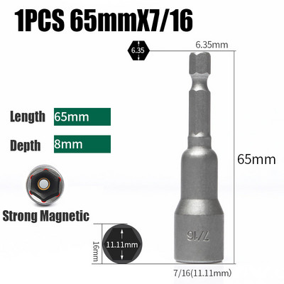 1/4-7/16 65mm Manșon pentru priză hexagonală de impact Imperial 65mm Șurubelniță cu piuliță magnetică Adaptor tijă hexagonală Kit de priză pentru piuliță electrică