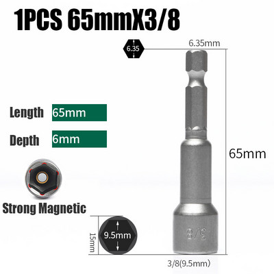 1/4-7/16 65mm Manșon pentru priză hexagonală de impact Imperial 65mm Șurubelniță cu piuliță magnetică Adaptor tijă hexagonală Kit de priză pentru piuliță electrică