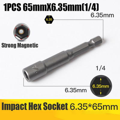 1/4-7/16 65mm Manșon pentru priză hexagonală de impact Imperial 65mm Șurubelniță cu piuliță magnetică Adaptor tijă hexagonală Kit de priză pentru piuliță electrică
