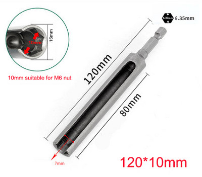 1 db Hossz 100/120/135 mm Nyitott végű hatlapú foglalatú persely anyacsavar elektromos kéziszerszámokhoz 1/4" (6,35 mm) szár