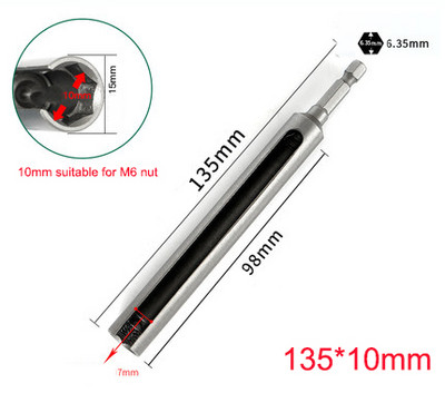 1 db Hossz 100/120/135 mm Nyitott végű hatlapú foglalatú persely anyacsavar elektromos kéziszerszámokhoz 1/4" (6,35 mm) szár