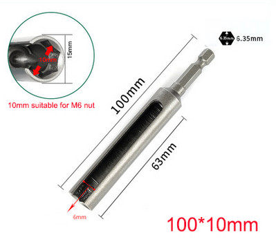 1 db Hossz 100/120/135 mm Nyitott végű hatlapú foglalatú persely anyacsavar elektromos kéziszerszámokhoz 1/4" (6,35 mm) szár