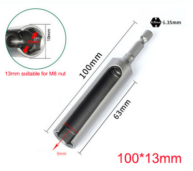 1 db Hossz 100/120/135 mm Nyitott végű hatlapú foglalatú persely anyacsavar elektromos kéziszerszámokhoz 1/4" (6,35 mm) szár