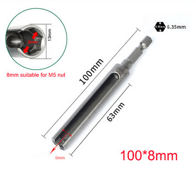 1 db Hossz 100/120/135 mm Nyitott végű hatlapú foglalatú persely anyacsavar elektromos kéziszerszámokhoz 1/4" (6,35 mm) szár