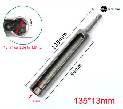 1 db Hossz 100/120/135 mm Nyitott végű hatlapú foglalatú persely anyacsavar elektromos kéziszerszámokhoz 1/4" (6,35 mm) szár