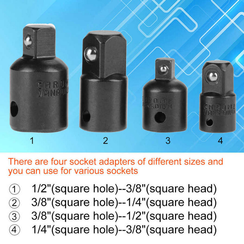 4 τεμ. 1/2 3/8 1/4 ιντσών Κεφαλή προσαρμογέα υποδοχής καστάνιας χρωμίου βαναδίου από ατσάλι Κεφαλή προσαρμογέα υποδοχής μετατροπέας μειωτήρα κίνησης